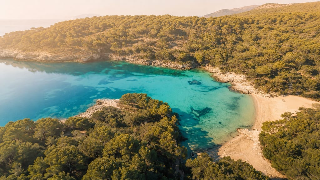 Aguas someras de Cala en Turqueta entre acantilados de pinar